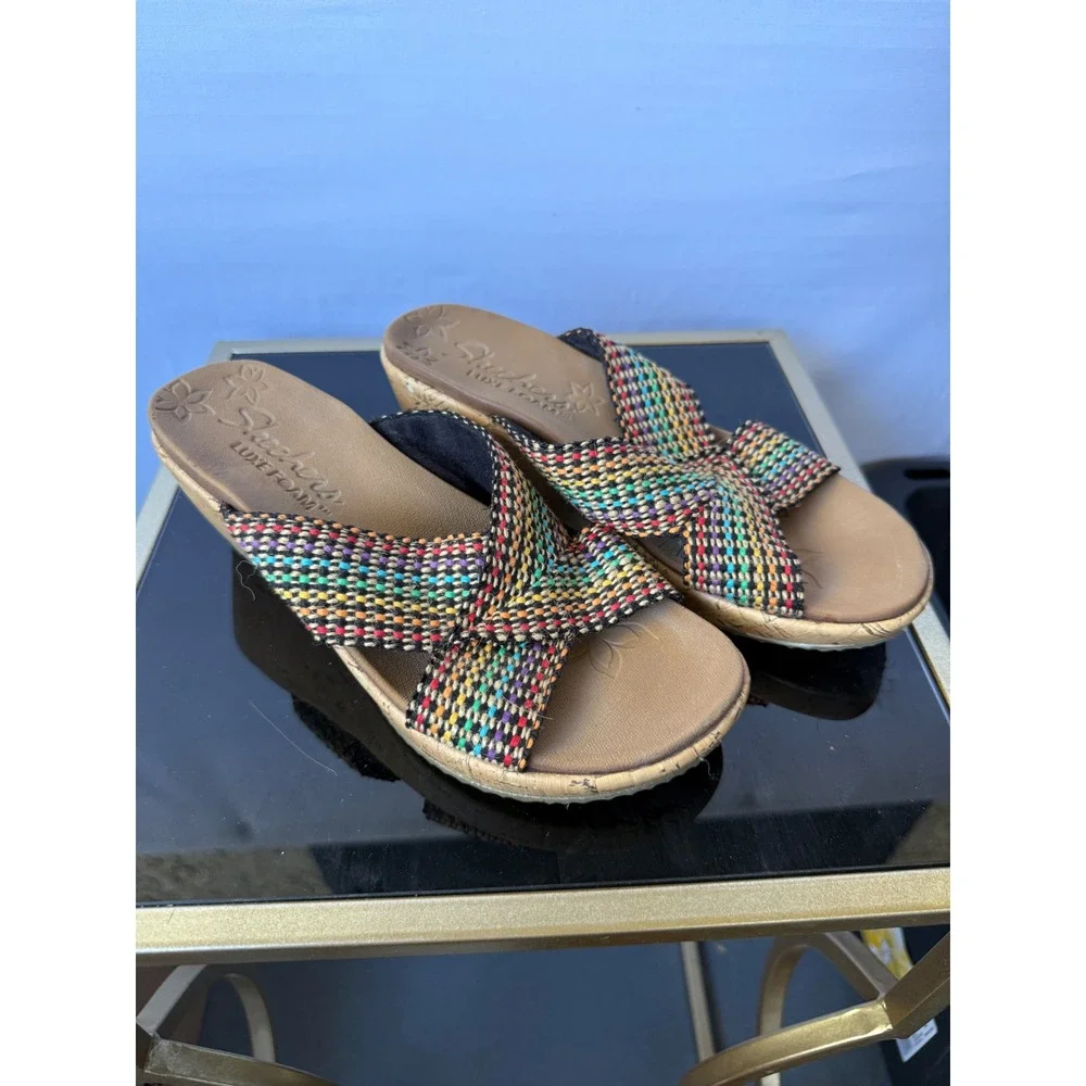 Skechers Luxe Foam Womens Multi Color Woven‎ Cross Strap Cork Wedge Sandals